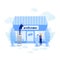 Shop opening concept vector illustration. Come in we are open entrance blue sign at shop