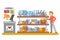 Shop purchase goods shopping cart preparation education colladge school knowledge flat design character vector