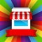 Shop and Red ribbon banner on rainbow background