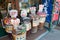 Shop sells Japanese sweets and food in colorful bamboo baskets atTakayama Old Town in Takayama, Gifu, Japan