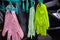 Shop of special clothes. Gloves for protection of hands, they are ready to sell on the road, gloves at outdoor they are hanging