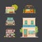 Shop store buildings vector illustrations set. Market exterior, restaurant and cafe. Urban front houses.