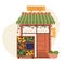 Shop or store facade, market vegetable and fruits. Flat vector icon representing small building with awnings and shelving