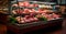 Shop window for red raw meat, beef, pork, chicken. Diet food. Meat supermarket - AI generated image