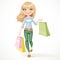Shopaholic blond girl goes with paper bags isolated on a white b