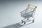 Shopaholic. Buyer. Shopping concept. Close-up. An isolated trolley and shopping basket on a ivory background bisected