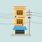 Shophouse or store buildings with Power pole vector illustration. Urban scene with the footpath. Thai old home