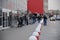 Shoppers stand in a queue outside a supermarket, after a Coronavirus lockdown is announced