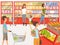 Shoppers in supermarket. Background illustrations of peoples near shelves of store