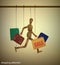 Shopping addiction concept, marionette runs and holds many shopping bags, modern man addiction series,