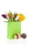 Shopping bag colorful tulips with easter eggs