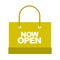 Shopping bag now open message marketing branding flat icon