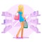 Shopping bag package girl in shop shelves goods purchase flat design character vector illustration