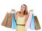 Shopping bag, portrait and woman excited in studio, isolated white background and retail mall sales. Happy customer