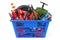 Shopping basket with car tools, equipment and accessories. 3D re