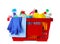 Shopping basket with different detergents, rag and gloves on background