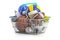 Shopping basket with different sport balls. Buying and sliing, e-commerce of sport accesoires concept