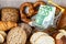 Shopping basket with Euro money around groceries, Breads and pastries. The concept of inflation, rising prices and more expensive