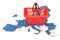 Shopping basket on European Union map, market basket or purchasing power in Europe concept. 3D rendering