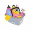 Shopping basket full of cleaning supplies,sponge for washing dishes and household chemicals for kitchen or toilet, spray and soap