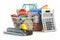 Shopping basket full of construction materials and tools with calculator. Calculating costs of construction and renovation concept