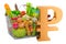 Shopping basket full of grocery products with ruble symbol, 3D rendering