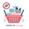 Shopping basket full of Shortage goods - toilet paper, medical masks, sanitizer gel. Panic in supermarket due to
