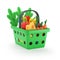 Shopping basket with groceries.  Full green plastic grocery or food cart with products in cartoon style