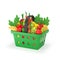 Shopping basket with groceries.  Full green plastic grocery or food cart with products in cartoon style