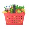 Shopping basket with groceries. Full green plastic grocery or food cart with products in cartoon style