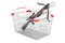 Shopping basket with hunting crossbow, 3D rendering