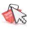 Shopping basket and pointing arrow cursor. Internet commerce concept. 3D