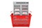 Shopping basket with vaccine fridge full of ampoules, 3D rendering