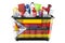 Shopping basket with Zimbabwean flag full of cosmetic bottles, hair, facial skin and body care products. 3D rendering