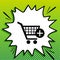 Shopping Cart with add Mark sign. Black Icon on white popart Splash at green background with white spots. Illustration