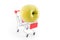 Shopping cart with big green apple on white. Buying fruits from supermarket. Self-service supermarket full shopping trolley cart.