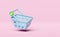 Shopping cart, blue basket 3d icon with check marks isolated on pink background. shopping online concept, 3d render illustration