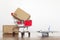 Shopping cart with boxes and airplane. Worldwide Shopping and shipping concept