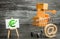 A shopping cart with boxes symbolizing internet trading and a stand with a green Euro up arrow. shopping online. sales of goods