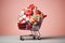 A shopping cart brimming with a diverse selection of presents, perfect for any celebration or gift-giving occasion., A shopping