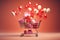 A shopping cart brimming with a festive assortment of gifts and colorful balloons, Shopping cart at its maximum capacity with gift