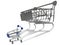 Shopping cart casts a large shadow on white background, concept of panic while shopping