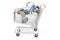 Shopping cart with childrens tricycle, kids bicycle. 3D rendering