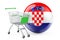 Shopping cart with Croatian flag. Shopping in Croatia concept. 3D rendering