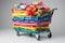A shopping cart filled to the brim with a variety of vibrant, cozy blankets for the ultimate comfort, A trolley that\\\'s a