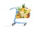 Shopping cart with foodstuff.