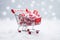 Shopping cart full of Christmas cane candies. Supermarket trolley with decoration, winter holidays. New Year sale minimal concept