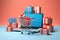 Shopping cart with gift boxes on laptop screen. 3D rendering, Product package boxes and shopping bag in cart with laptop computer