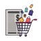 Shopping cart with gifts falling isolated icon