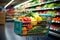 Shopping cart in grocery store full of fruits and vegetables